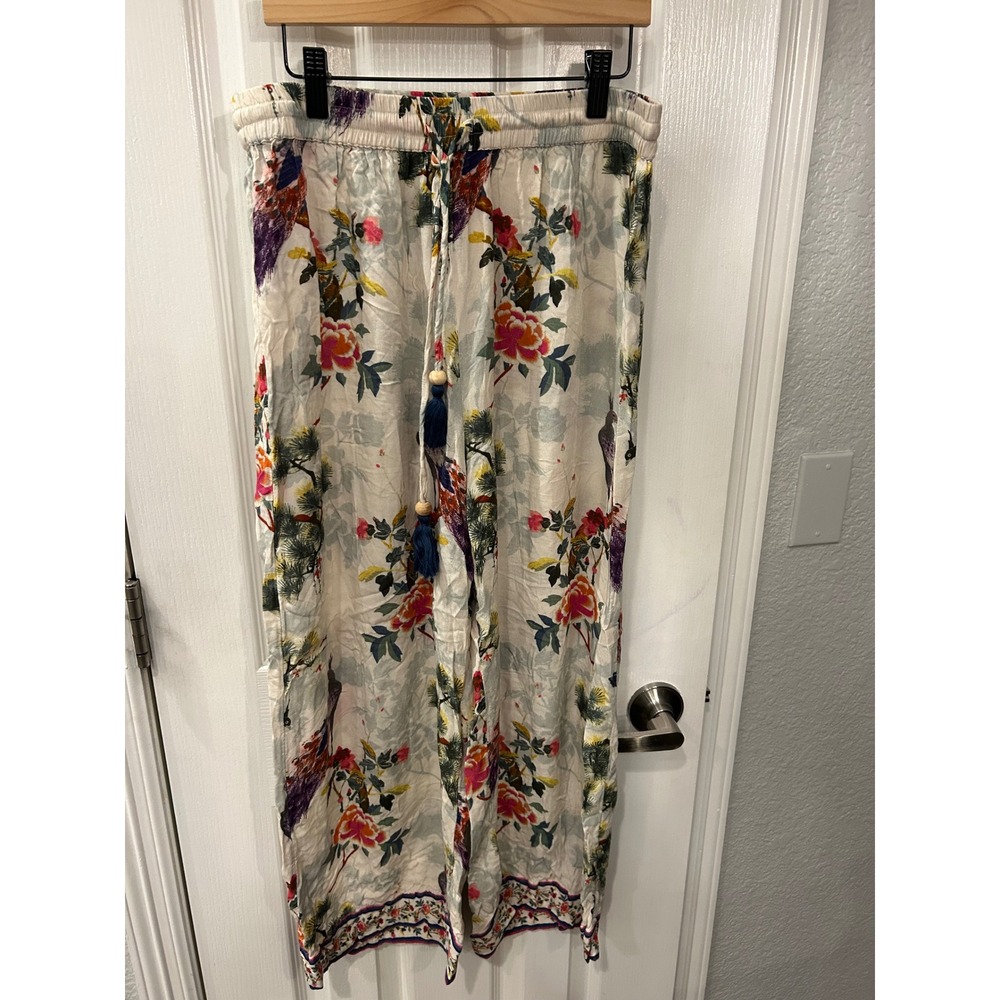 ❤️ World Market Wide Leg Pants‎ White Floral Peacock Tassel Boho Pajama Resort